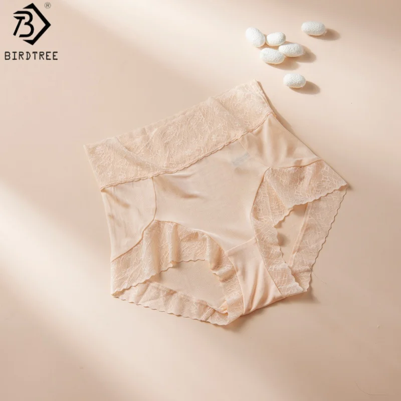 

Birdtree, 2PCS 100% Real Silk Briefs, Women High-waist Underpants, Lace Knitted Breathable Brief, 2026 Summer New A65002JF