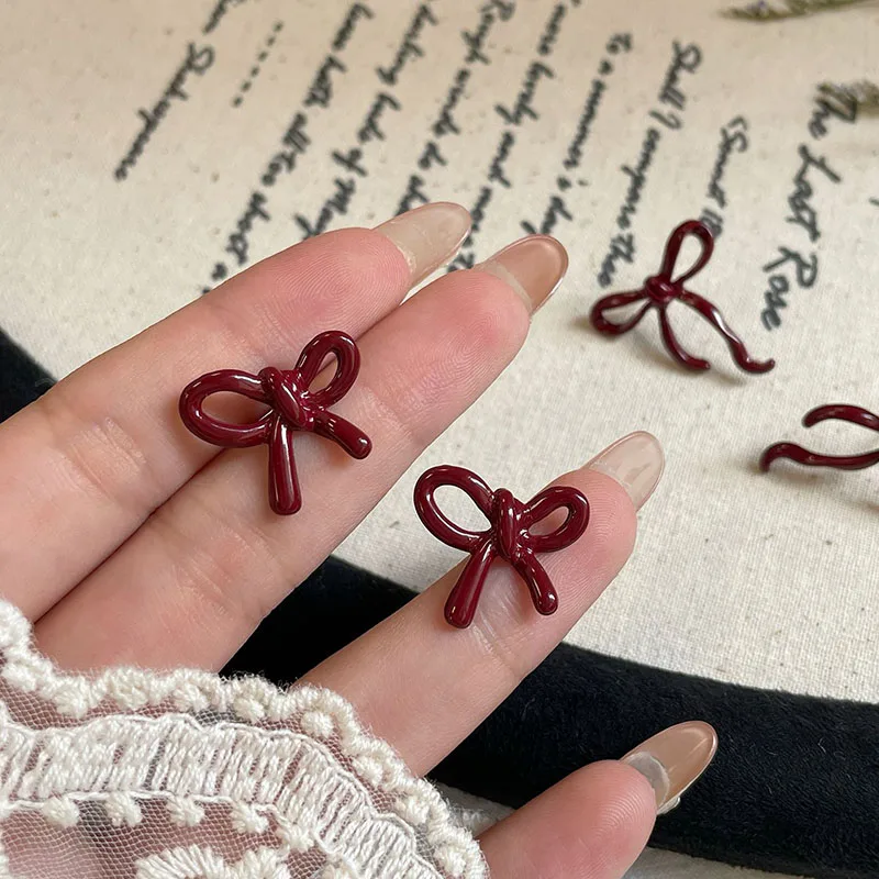 Vintage Style Red Bowknot Stud Earrings for Women Girls Simple Earings Piercing Ballet Aesthetics Elegant Ear Jewelry Gifts