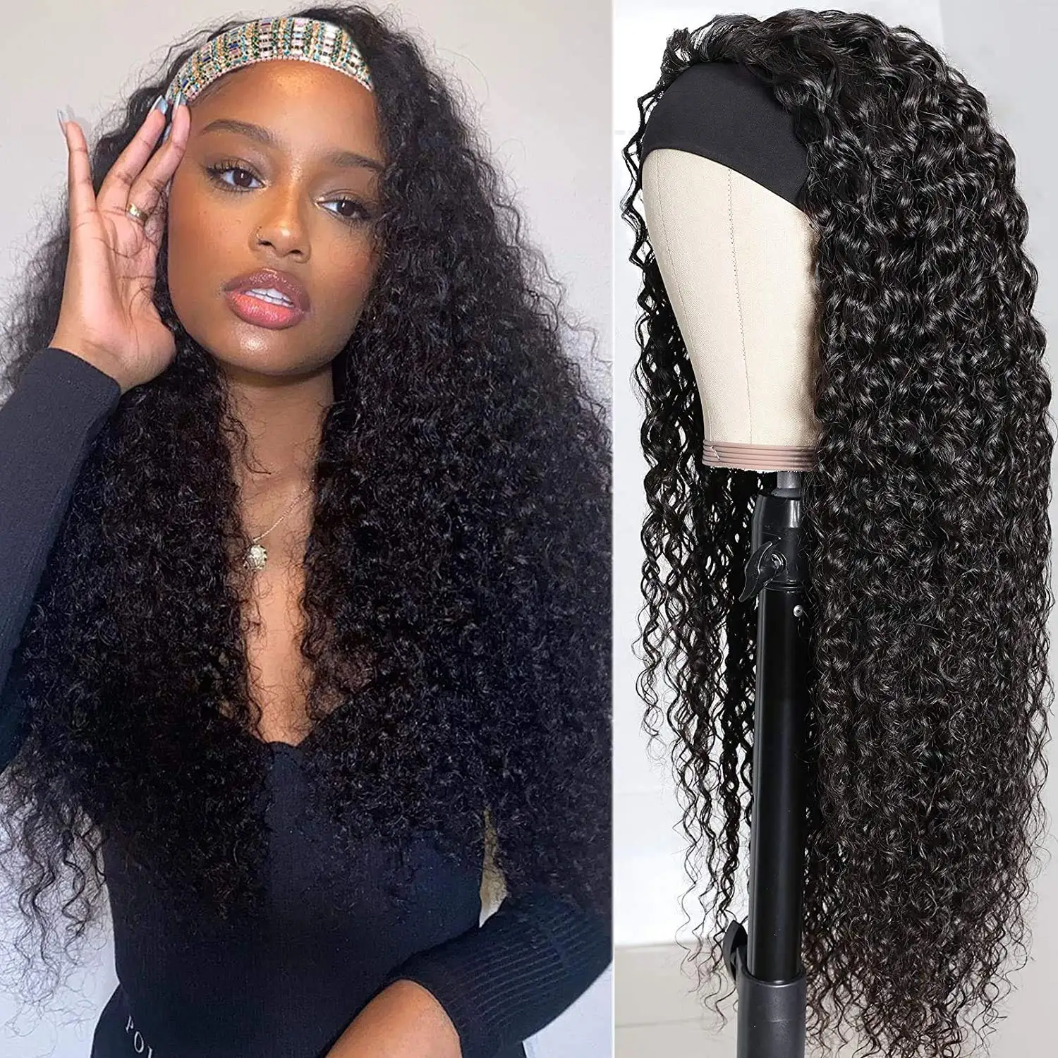 Women's 28-Inch 200%Density Glueless Synthetic Lace Front Headband Half Wig for Women Synthetic Headband Wig  Curly Glueless Wig | None Lace Front Wig  Machine Made Deep Wave Curly Headband Half Wigs for Women Wear and GoBlack Water Wave Hair Natural-Look
