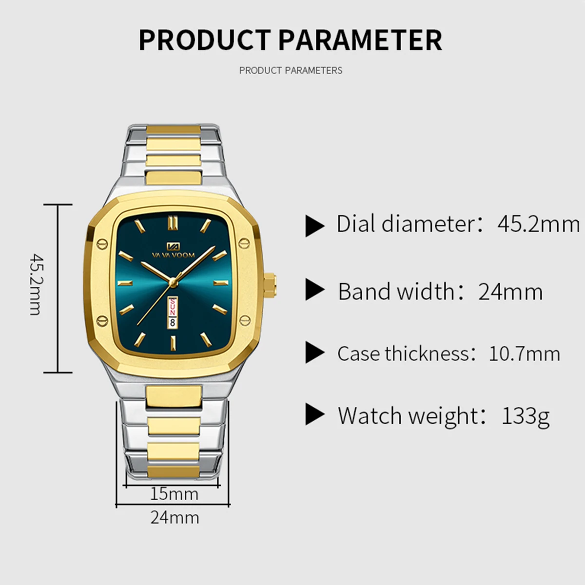 2024 ساعة رجالية جديدة موضة مربعة الفولاذ المقاوم للصدأ حزام أزرق ذهبي 3Bar كوارتز أسبوع التقويم مقلد الأعمال ساعة يد رياضية