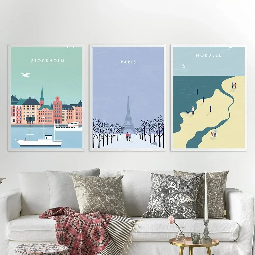 Minimalist Cartoon Travel City Poster Paris Nordsse Sweden Stockholm Sylt Modern Print Painting Canvas Art Wall Pictures Decor