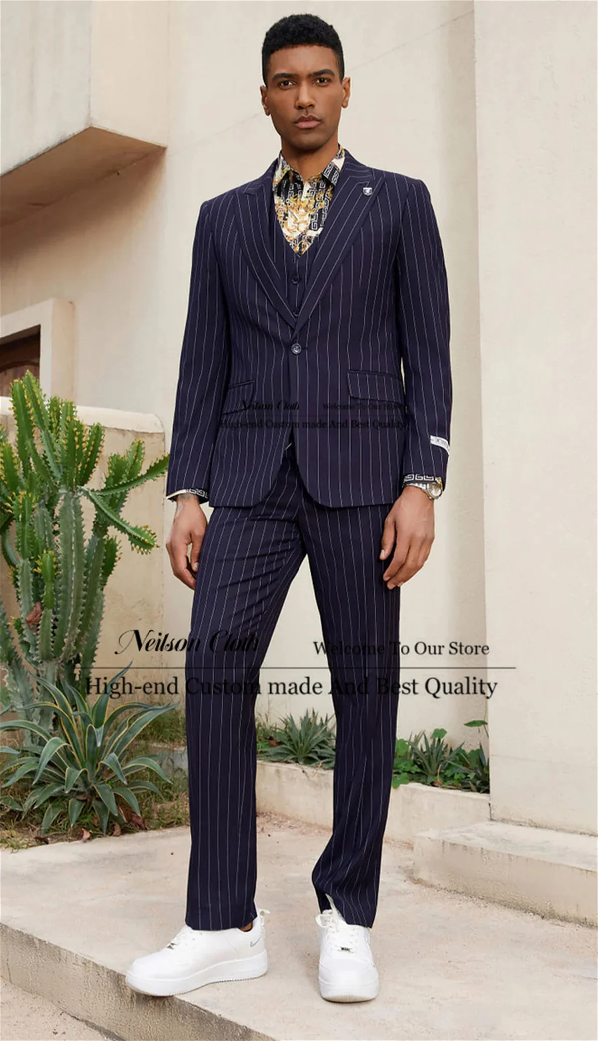 Navy Blue Stripe Male Prom Blazers 3 Pieces Sets Slim Fit One Button Groom Wedding Tuxedos Peaked Lapel Customized Costume Homme