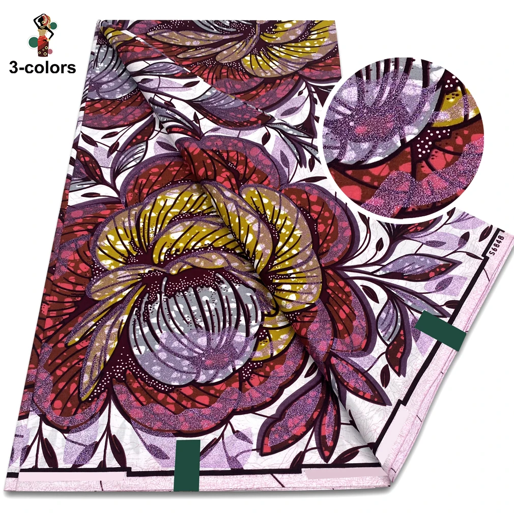 

Newest Super Grand African Wax Glitter Glam Fabric Sprinkle Cotton Ankara Batik Material Pagne Wax Gold Print For Wedding Dress