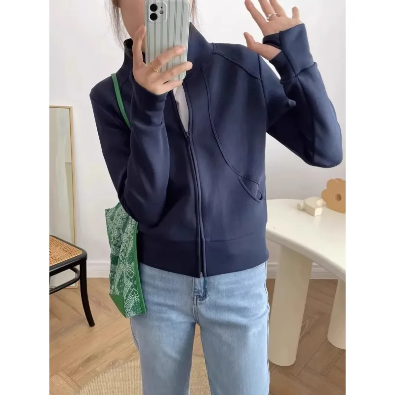 

Women's Navy Blue Zip-Up Jacket - Stand Collar Slim Fit Thumbhole Sports Top