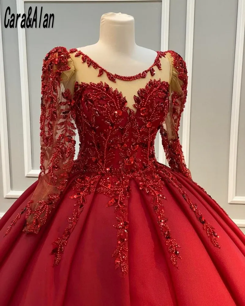 Modest Red Evening Dresses Long Sleeve Beading Sequin Satin Ball Gown Prom Dress Customized Women Wedding Reception Party Dress