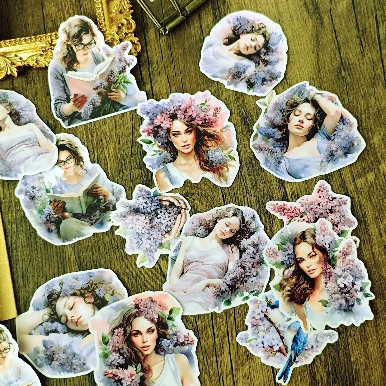 

1set Watercolor Lilac Girl Stickers Pack Decorative Labels Scrapbooking Collage Material Junk Journal Supplies