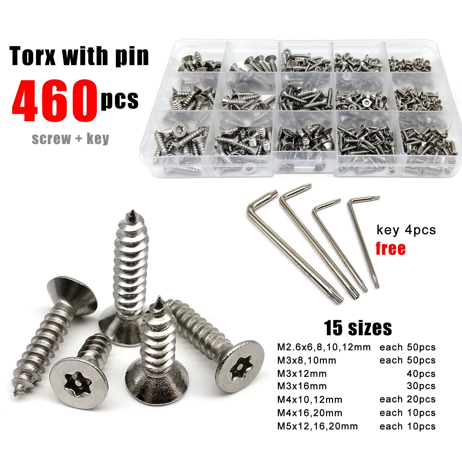 460pc M2.6 M3 M4 M5 Set A2 304 Stainless Steel Flat Countersunk Column Pin Torx Head Anti-theft Security Self-tapping Wood Screw