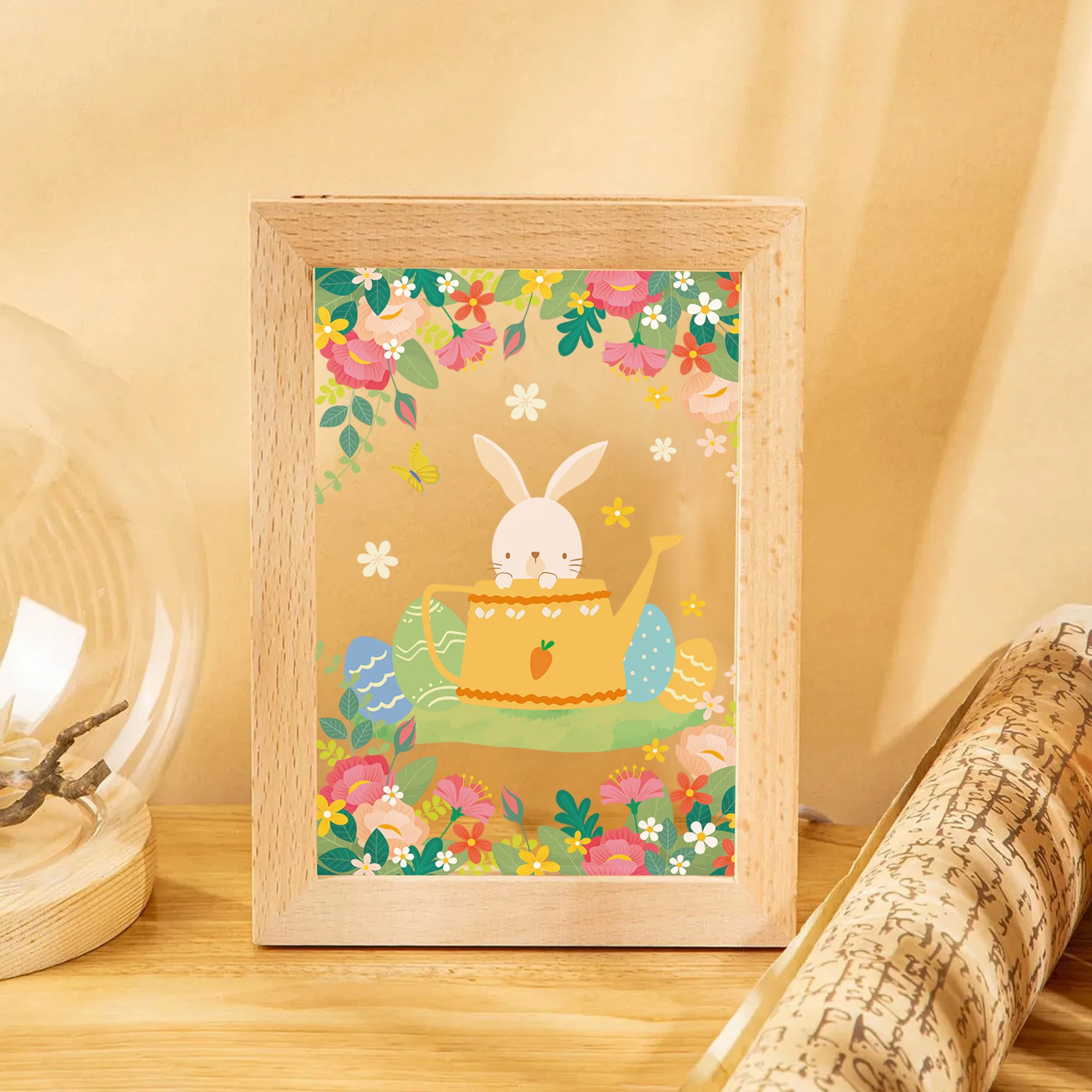 2D شقة الحيوان أرنب LED الاكريليك ضوء الليل الخشب إطار الصورة 21x17 سنتيمتر الكرتون الأطفال غرفة نوم الهدايا ديكور المنزل هدية #4
