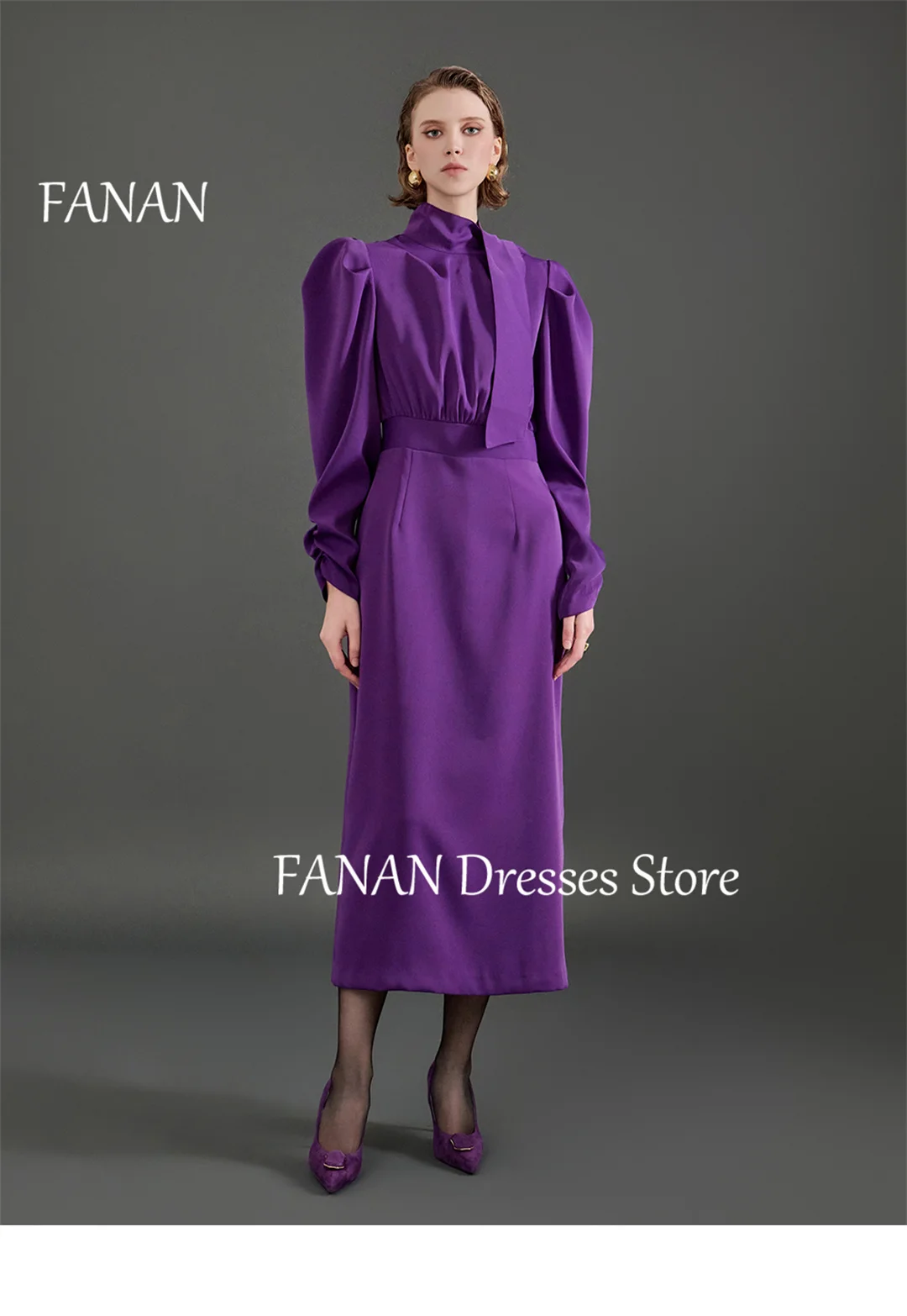 

FANAN High Neck Ruched Purple Evening Party Dresses Long Sleeves Japan Silk Satin Sheath Women Formal Gowns Event Prom Gowns