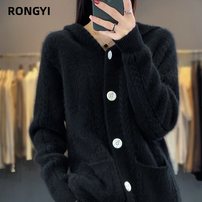 RONGYI 100% Wool Sweater Women\'s Autumn And Winter Long-sleeved Hooded Solid With A Pocket Loose Thick Bottoming Warm Shirt Top