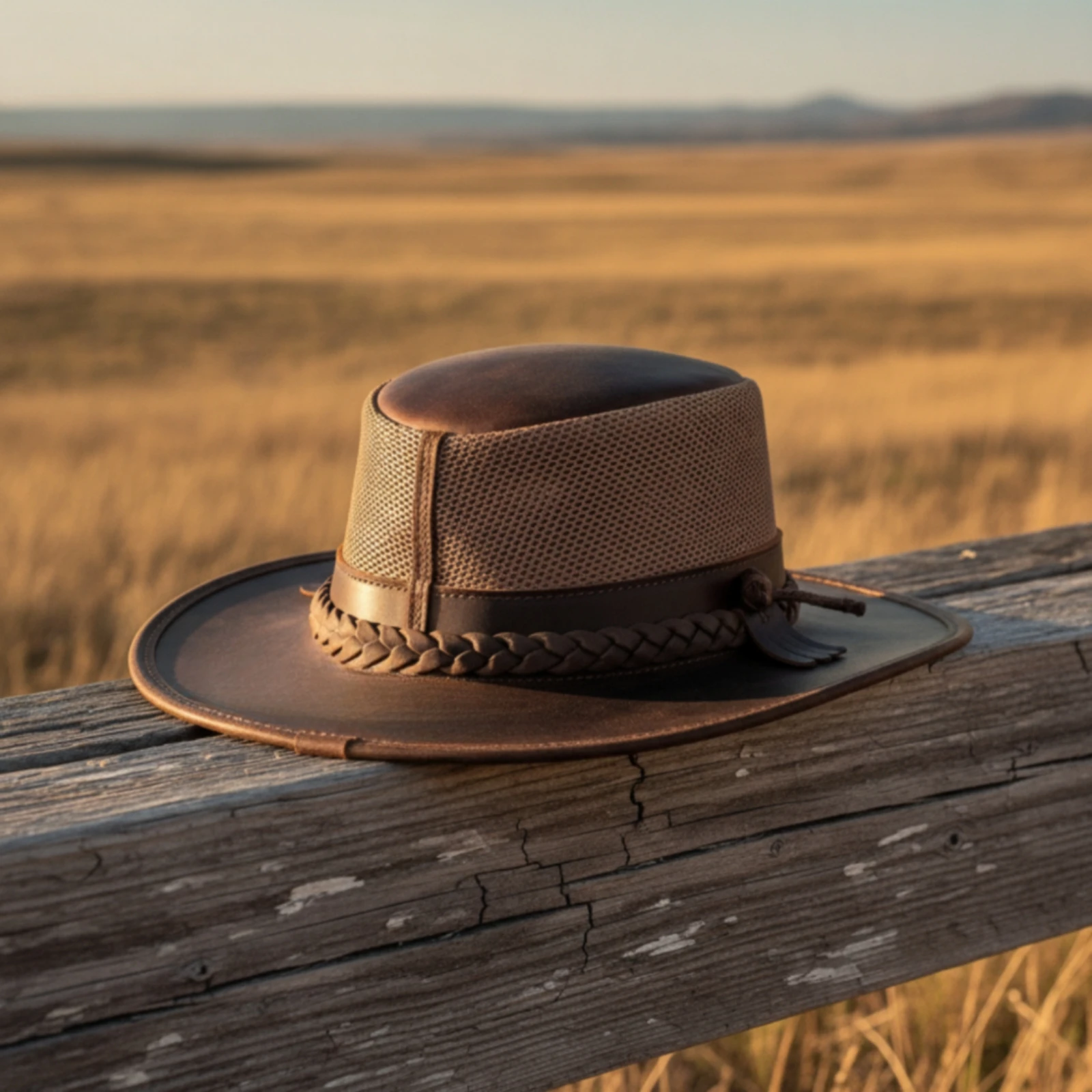 Leather Western Hat Windproof Wide Brim Distressed Leather Cowboy Hat with Chin Cord for Festival