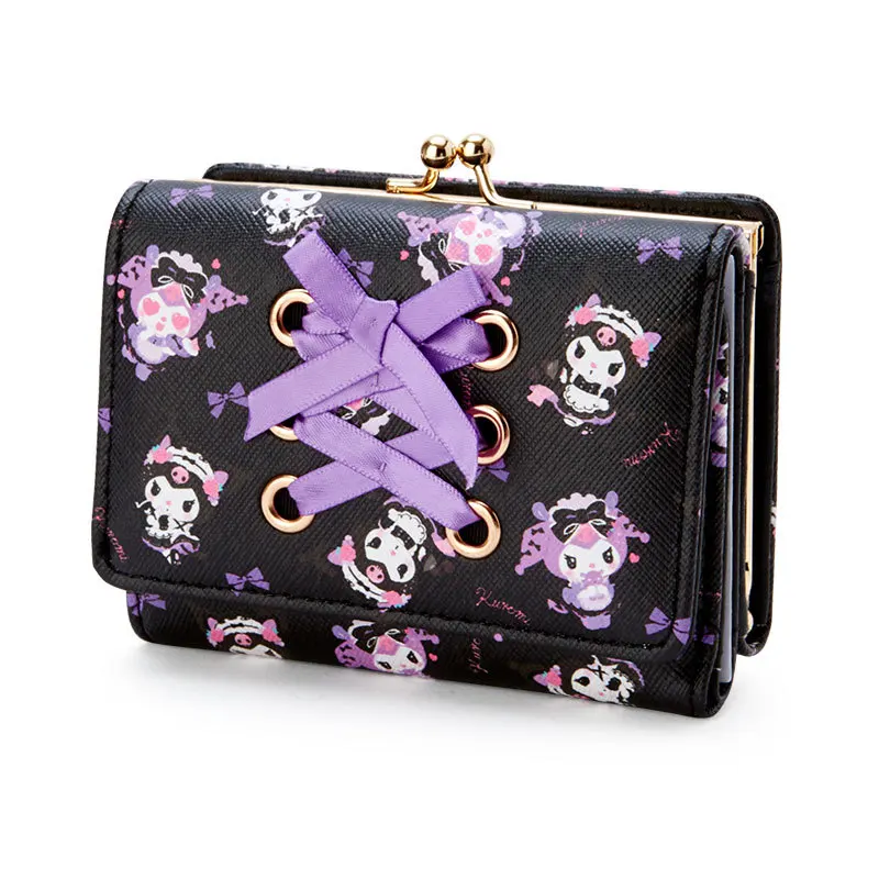 

PU Kuromi Women Casual Short 2 Fold Wallet Zipper Buckle Card Purse Leather Purple Black Ribbon Y2K Card Wallet Coin Purse