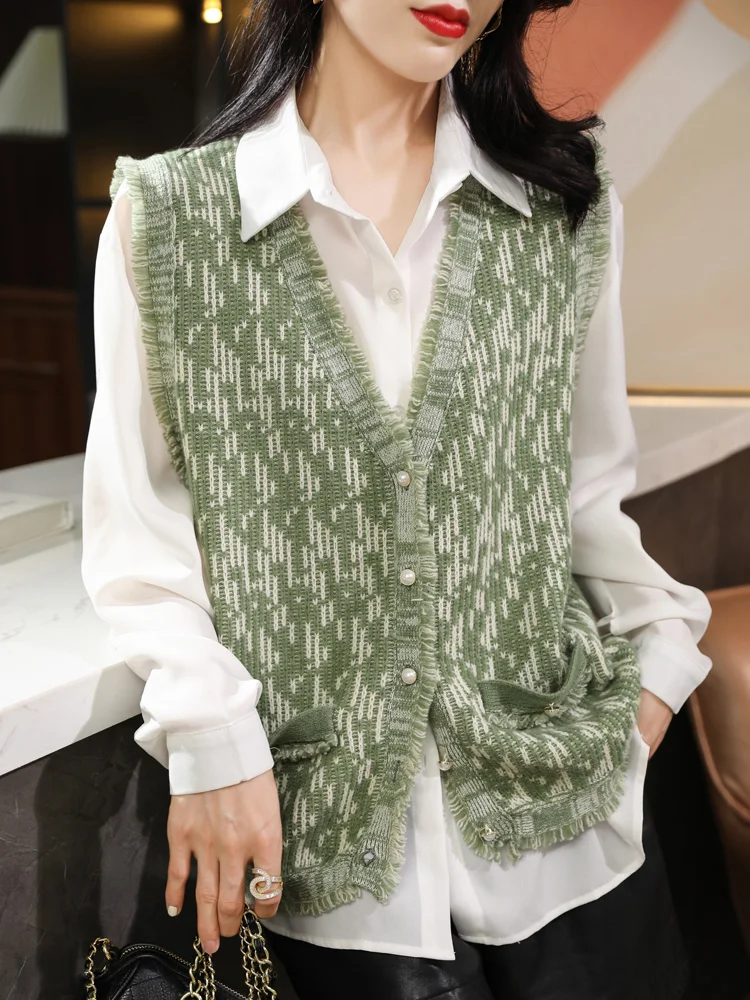 Spring Autumn Tassel Vest Cardigans Sweater 100% Merino Wool Knitwear Sleeveless Waistcoat V-neck Cashmere Pockets Female Tops