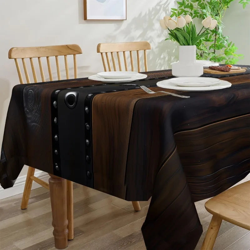 1pc Retro Wood Grain Tablecloth - Rectangular - Dark Brown Wood Grain Design - Suitable for All Seasons