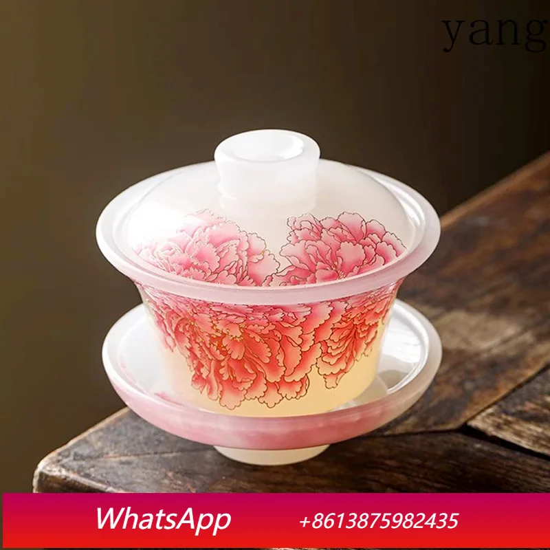 

LH glazed powder peony kung fu tea set cover bowl high-end anti-scalding light luxury tea brewer tea cup