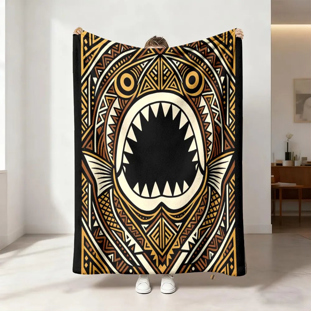 Vintage Gold Shark Gothic Printed Flannel Blanket Luxury Retro Style Soft Warm Cozy Throw Blanket