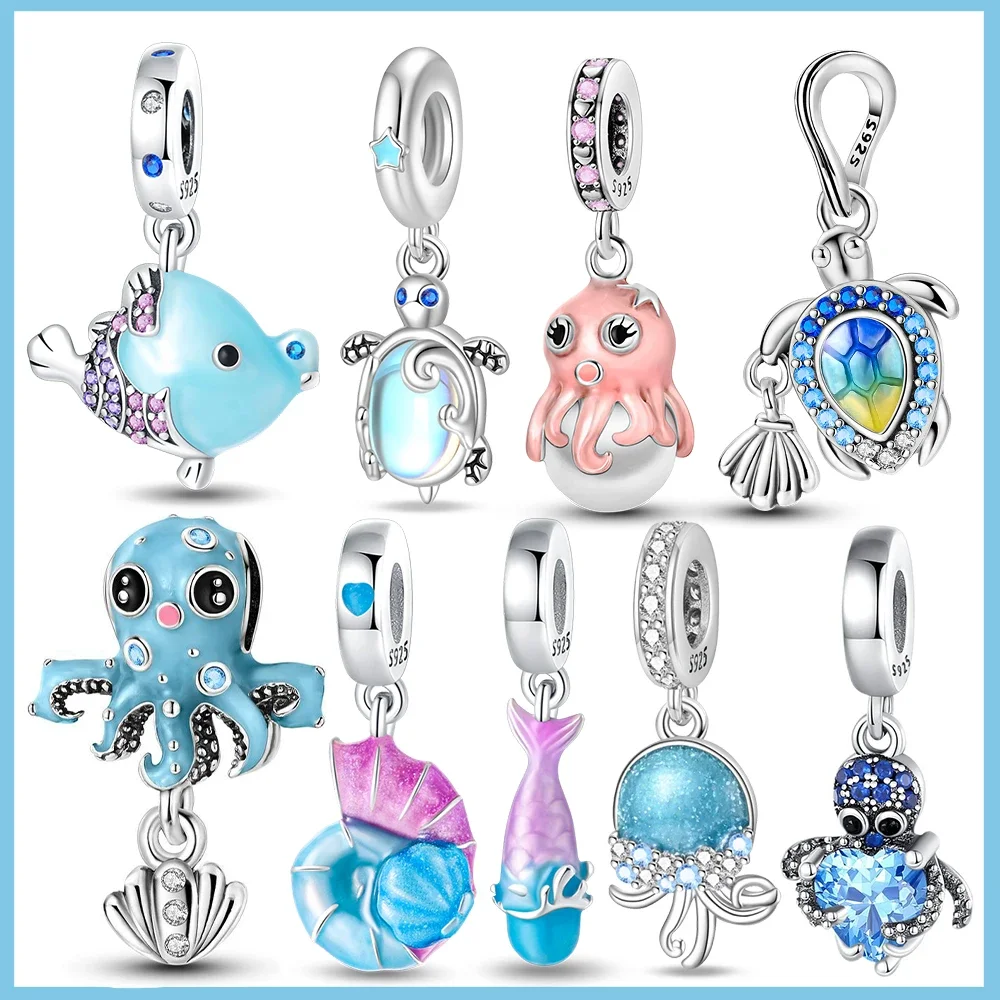 Sterling 925 Silver Cute Sea Animal Octopus Crab Shell Charm Fit Charm Bracelet DIY For Women Jewelry Gift