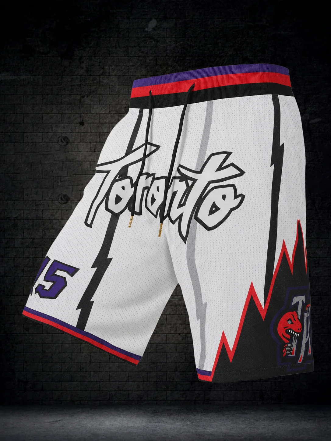 2026 Hot Sale Retro Raptors White Mesh Basketball Shorts with Lightning and Dinosaur Trim Streetwear Men and Kids