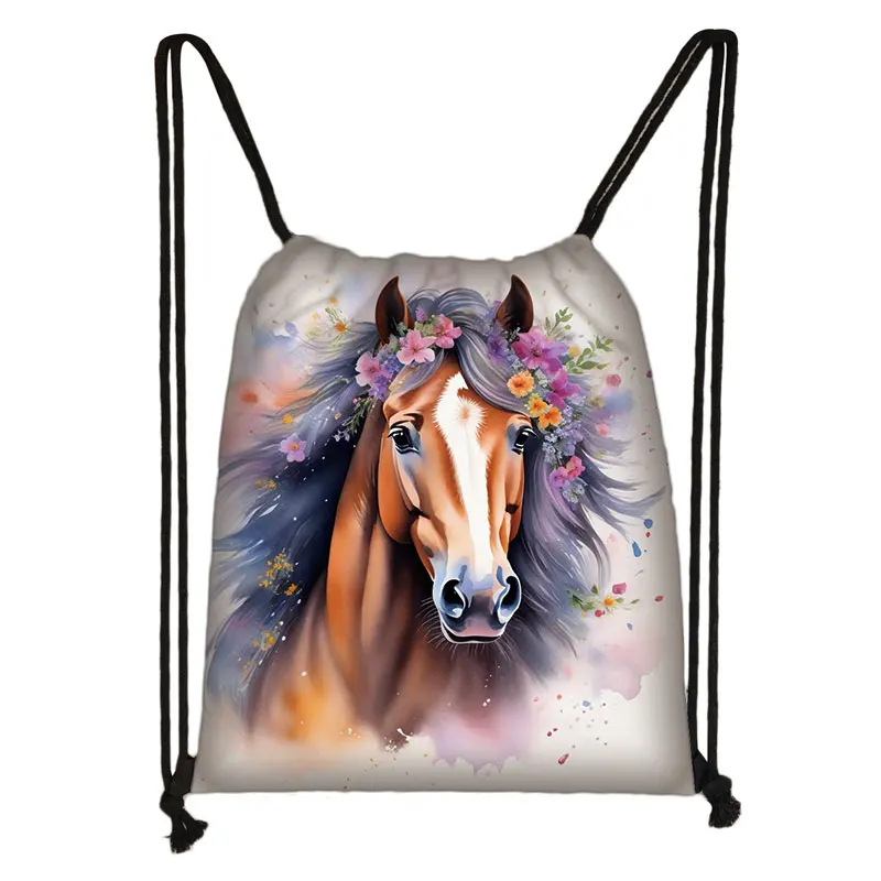 Cool Hardloop Paard Print Trekkoord Tas Mooie Pony Damesschoenen Opbergtassen Voor Reisstudent Boekentas Draagbare Schoenenhouder