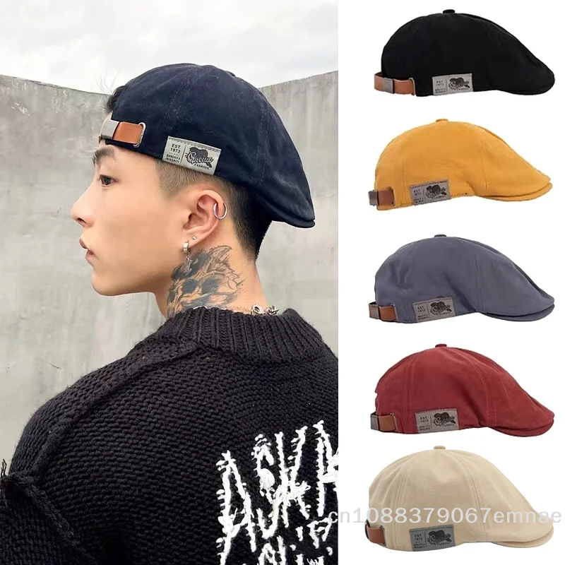 [ZYAS]2025 New Men's Vintage Linen Fashion Hip Hop Solid Beret Side Label Women's Hat Vintage Beanie Crowd Style Sun Beret