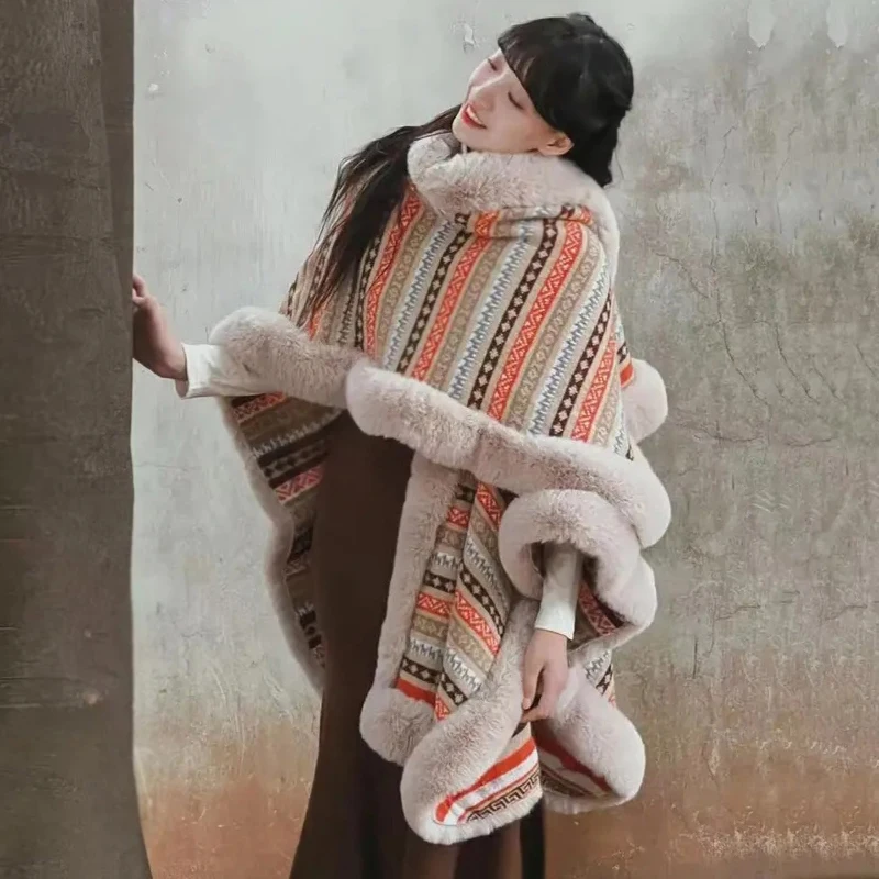 

Vintage Ethnic Style Jacquard Knit Faux Fur Trims Cape Coat Women Autumn Thick Shawl Knitted Cardigan Long Poncho Travel Party