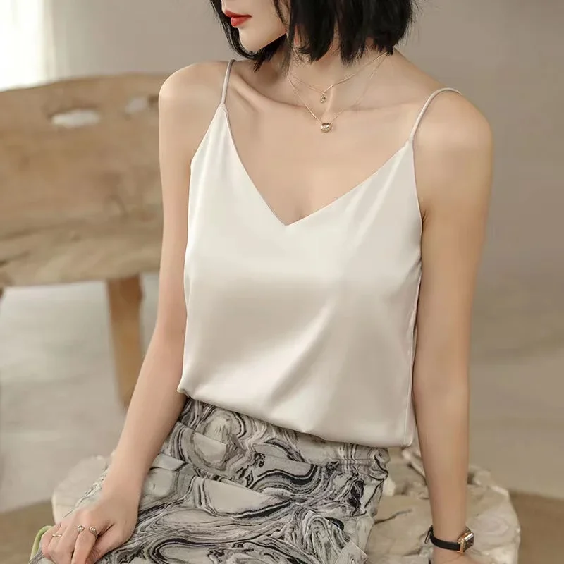 Fashion Strap Top Women Halter V Neck Basic White Cami Sleeveless Satin Silk Tank Tops Women\'S Summer Camisole