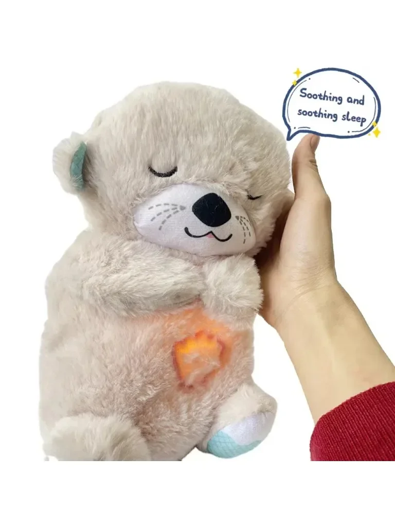 Bebê respirando urso boneca de pelúcia, lontra calmante, companheiro de música dormindo, som e luz, brinquedo presente para crianças