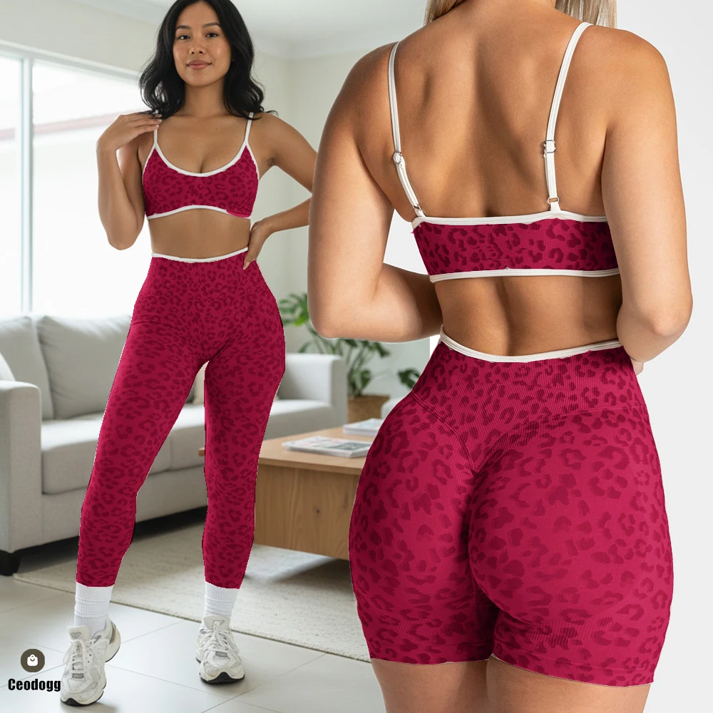 Seamless Leopard Yoga Set Women Sports Bra High Waist Shorts Scrunch Gym Fitness Workout Run Legging Activewear XP269