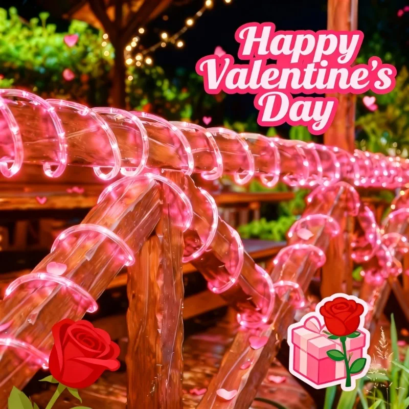 New 1 Sets of Valentine's Day Outdoor Tubular String Lights, 100 LED String Lights, Waterproof Fairy Lights, 8 Lighting Modes, Suitable for Outdoor Valentine's Day Decorations, Parties, Gardens, Weddings and Christmas and Halloween Setups