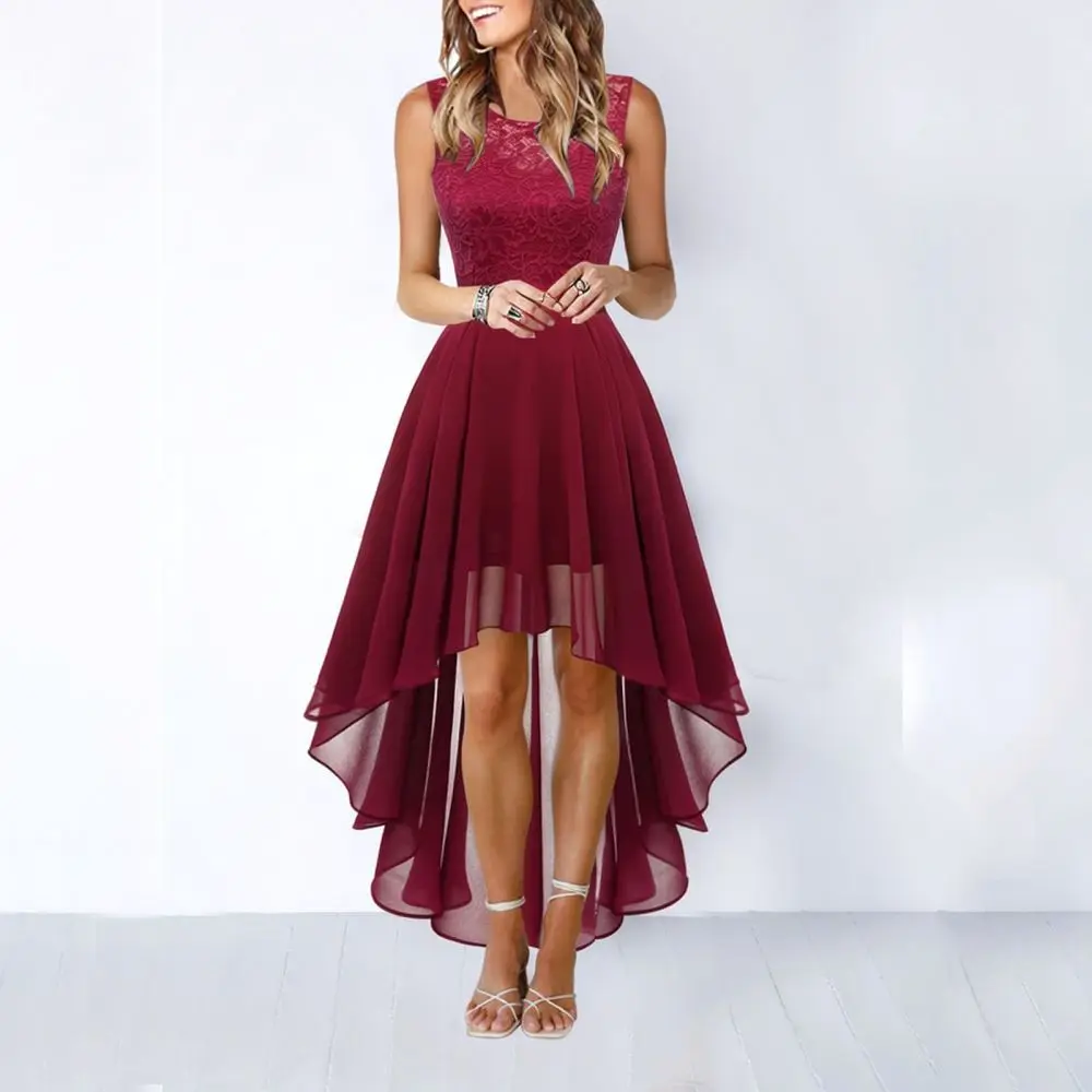 Womens Summer Midi Dress Chiffon Lace Hollow Out Slim Waist Sleeveless Elegant Evening Party Banquet Formal Wear