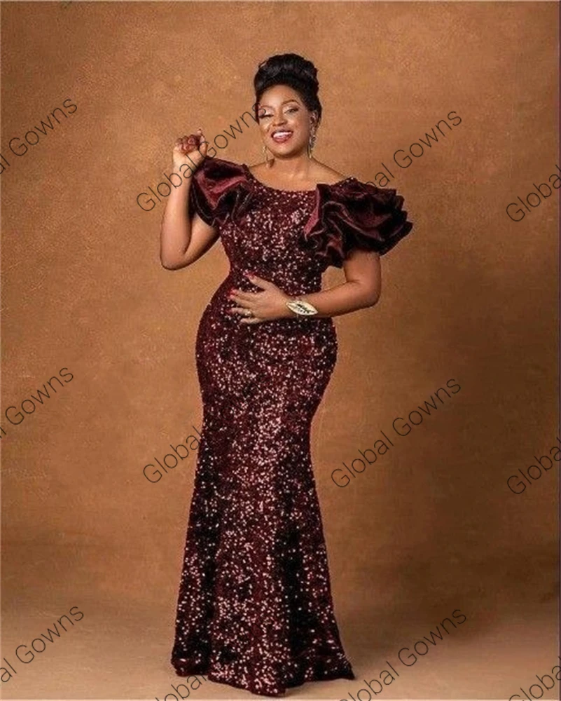 Royal Blue O Neck Evening Dress For Black Girls 2024 Sparkly Sequined Birthday Party Dresses Ruffles Aso Ebi African Customized