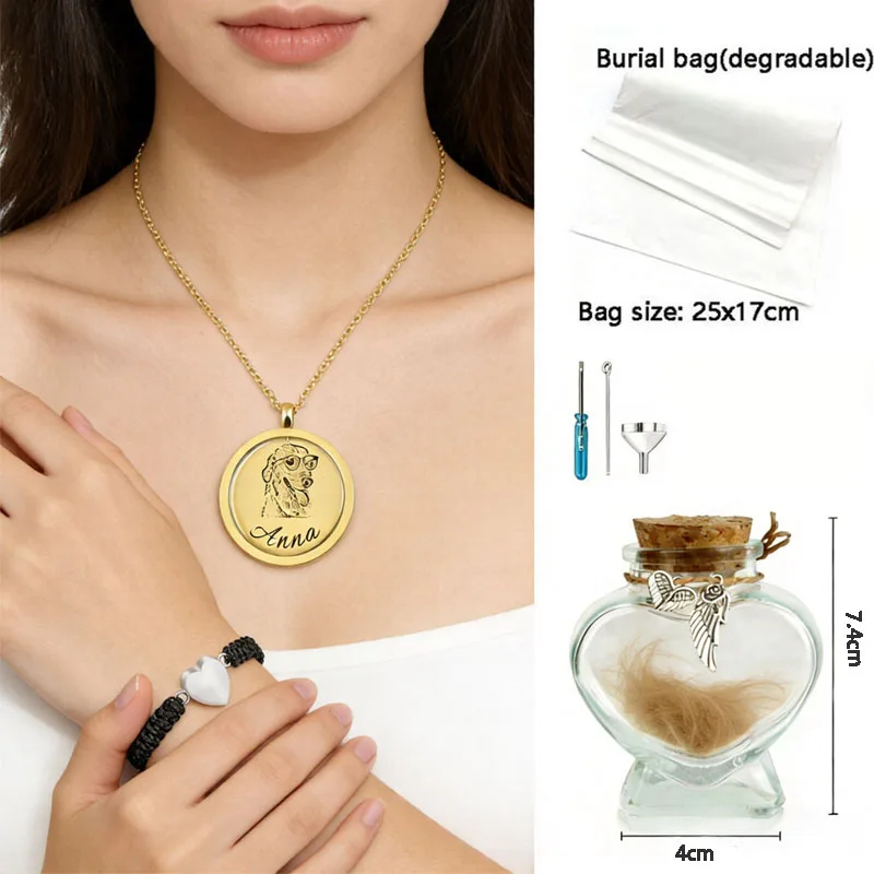 

Custom Pet Photo Name Engraved Necklace Set Pet Memorial Jewelry /Hair Keepsake Jar Personalized Round Pendant for Dog Cat Loss
