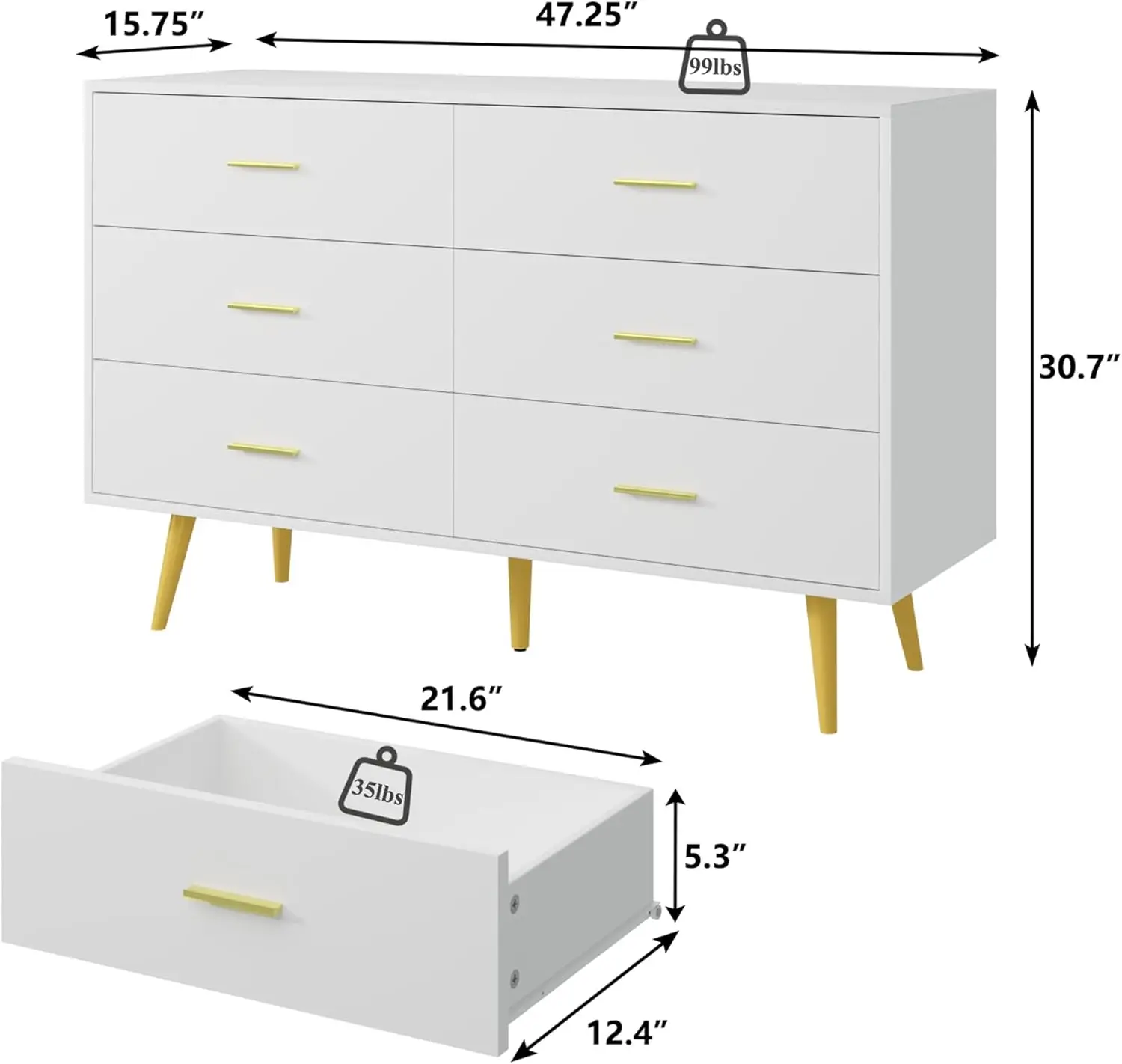 for Bedroom, 6 Drawer Wood Dresser with Golden Handles, Modern Dressers & Chests of Storage Drawer for Entryway Ha