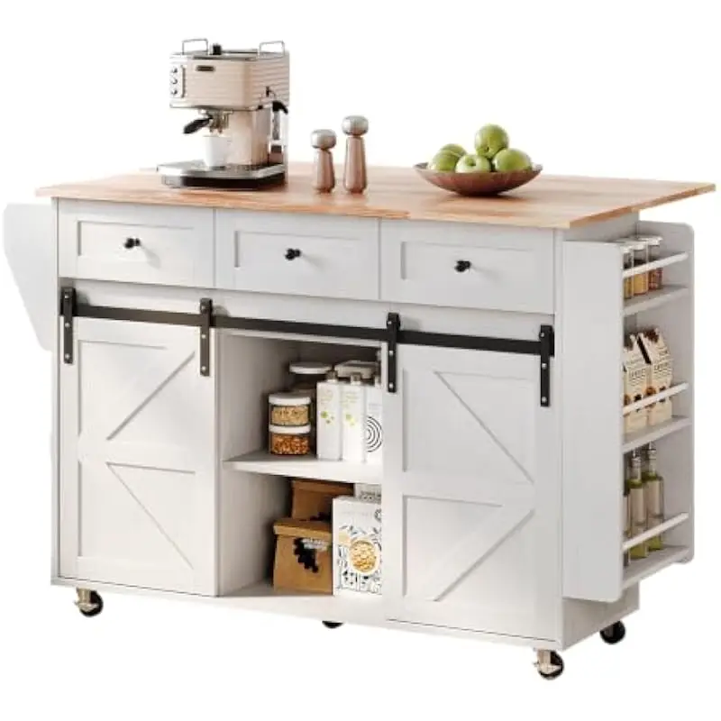 52 Inch Wide Mobile Kitchen Island Featuring Sliding Barn Doors Smooth Glide Track System Tiered Open Shelves Three Drawers Two