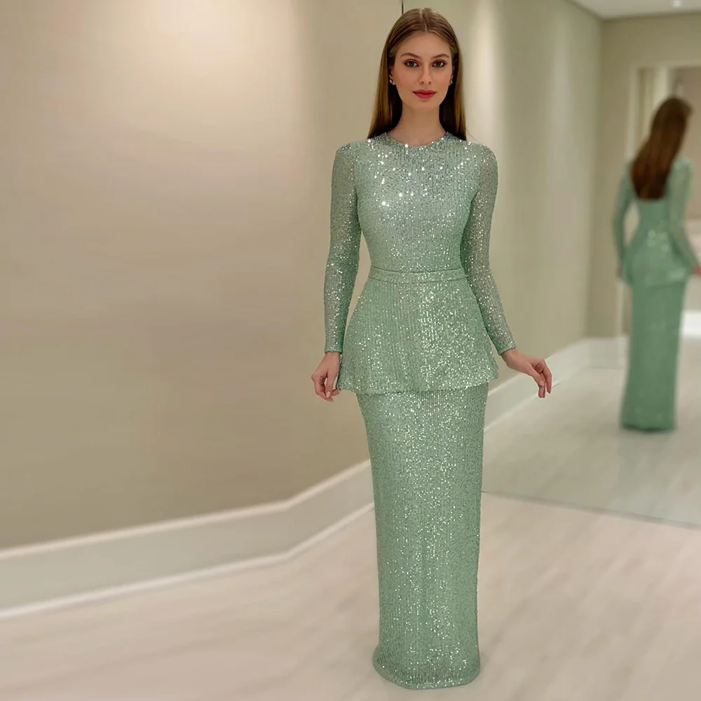 Customized Mint Green Sequined Mermaid Prom Dresses Long Sleeves Evening Gowns Pleated Ruched Formal Party Dress vestido de fest
