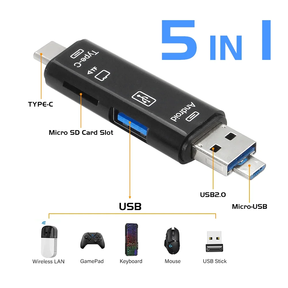 TYPE-C multifunción 5 en 1, microusb, TF, SD, lector de tarjetas de memoria, OTG, adaptador para teléfono móvil, accesorios, unidad Flash