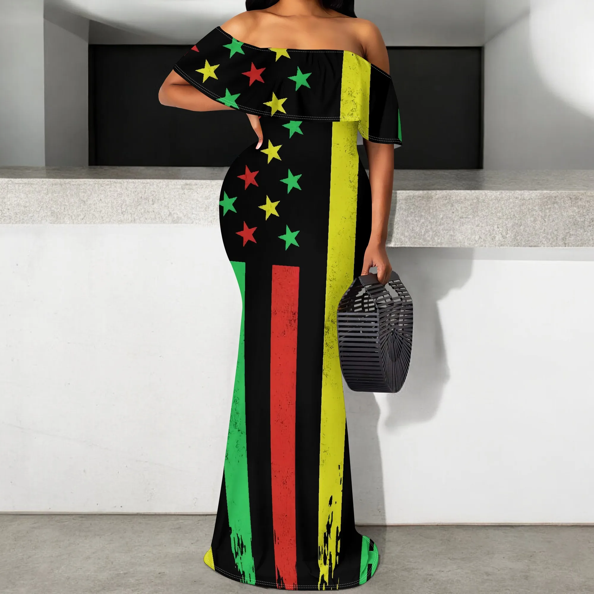 

Pan African Flag Bodycon Dress S-3XL Rasta Colors Red Yellow Green Maxi Gown