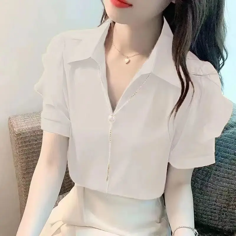 

Elegant V-Neck Spliced Solid Color Ruffles Blouse Women's Clothing 2023 Summer New Casual Pullovers Loose Office Lady Shirt