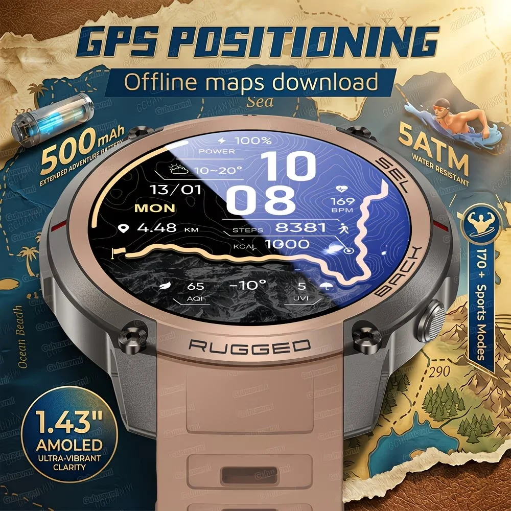 Montres intelligentes GPS militaires d'extérieur pour hommes, écran AMOLED 1,43 pouces, boussole, altimètre, 5ATM, montre intelligente de sport professionnelle pour la natation