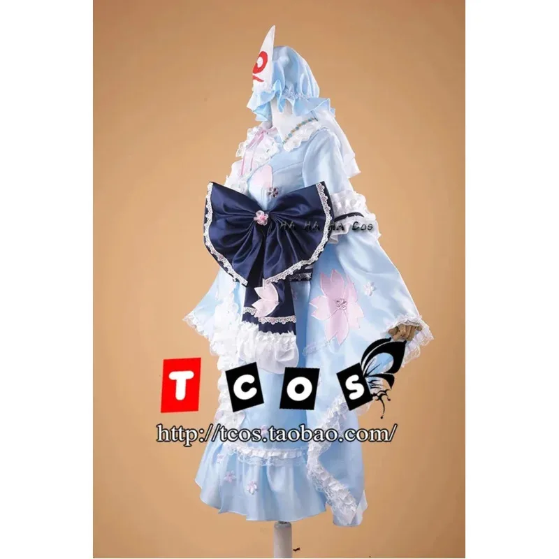 Touhou Project Saigyouji Yuyuko Anime Costume Cosplay Halloween Party Costume Cosplay Set completo Uomini e donne Parrucca Ventole Calzino Puntelli