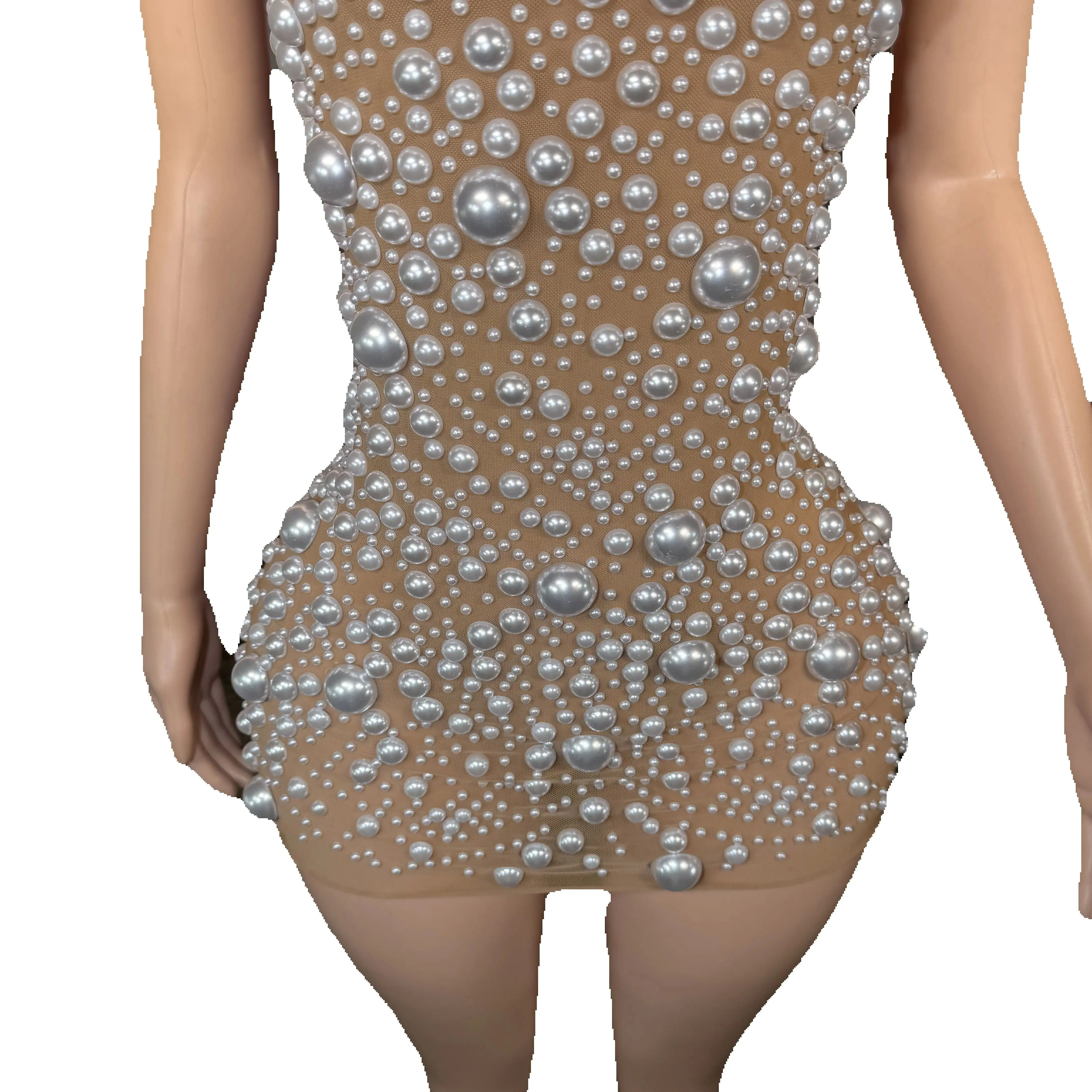 

ZD Elegant A-Line Satin Evening Party Gown Pure White Pearls Nude Mesh Trim Red Carpet Fashion Outfit for Summer Sexy New Design