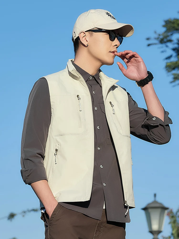 

Мужской жилет для среднего возраста с воротником-стойкой, повседневный, однотонный, с множеством карманов, осенний, приталенный, для делового стиля, для джентльменов