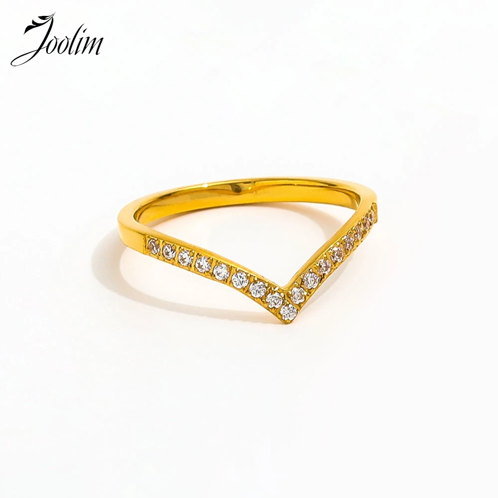 

Joolim Jewelry Wholesale High End PVD Waterproof Simple Micro Zirconia V Shapeed Simple Line Stainless Steel Ring For Women