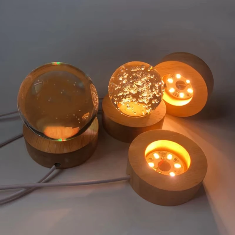 5/6/8/10CM LED Desktop Decorative Wooden Round Lamp Holder DIY Birthday Gift Night Light Crystal Lamp Luminous Base USB Power