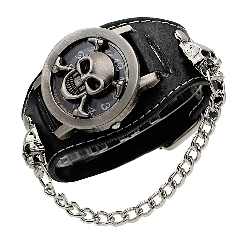 New Leather Flap Dial Chain Skull Gothic Matching Men's Watch Quartz Clock Halloween Gift Box