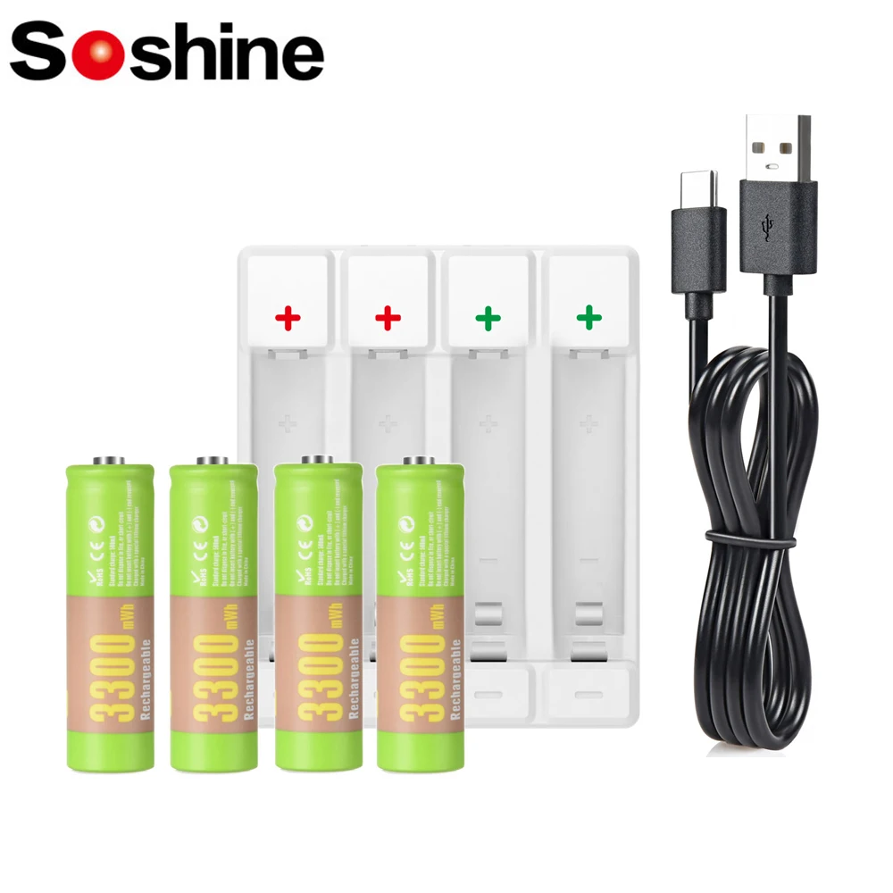 Soshine 1.5V AA 3300mWh Rechargeable Battery 3300mWh Lithium Batteries and Li-ion AA AAA Smart Rechargeable Batteries Charger