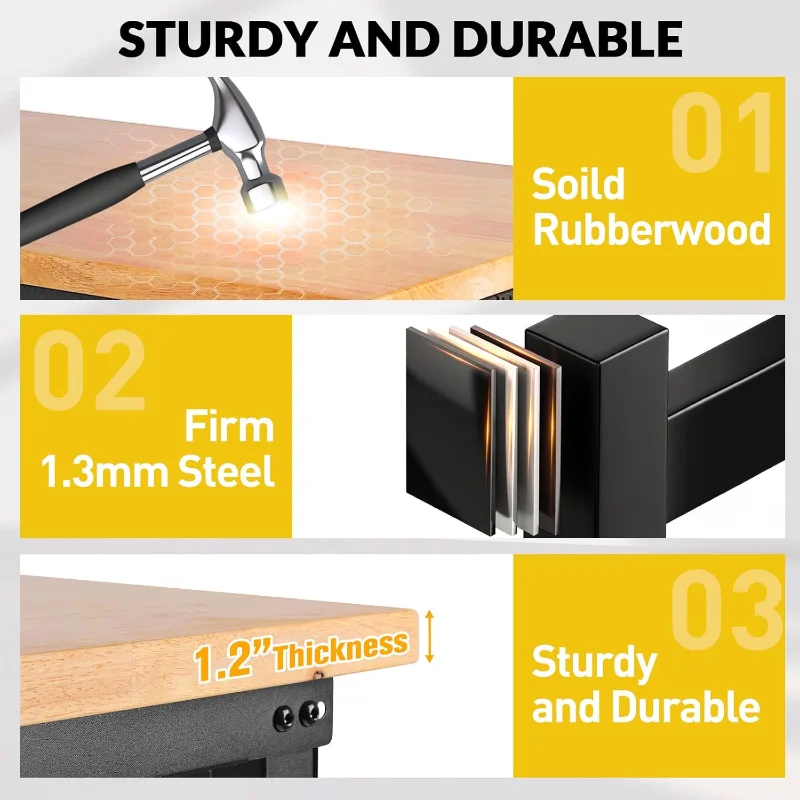 48“ Adjustable Height Workbench Work Bench for Garage Work Table with Under Table Shelf Heavy Duty Rubber Wood Top