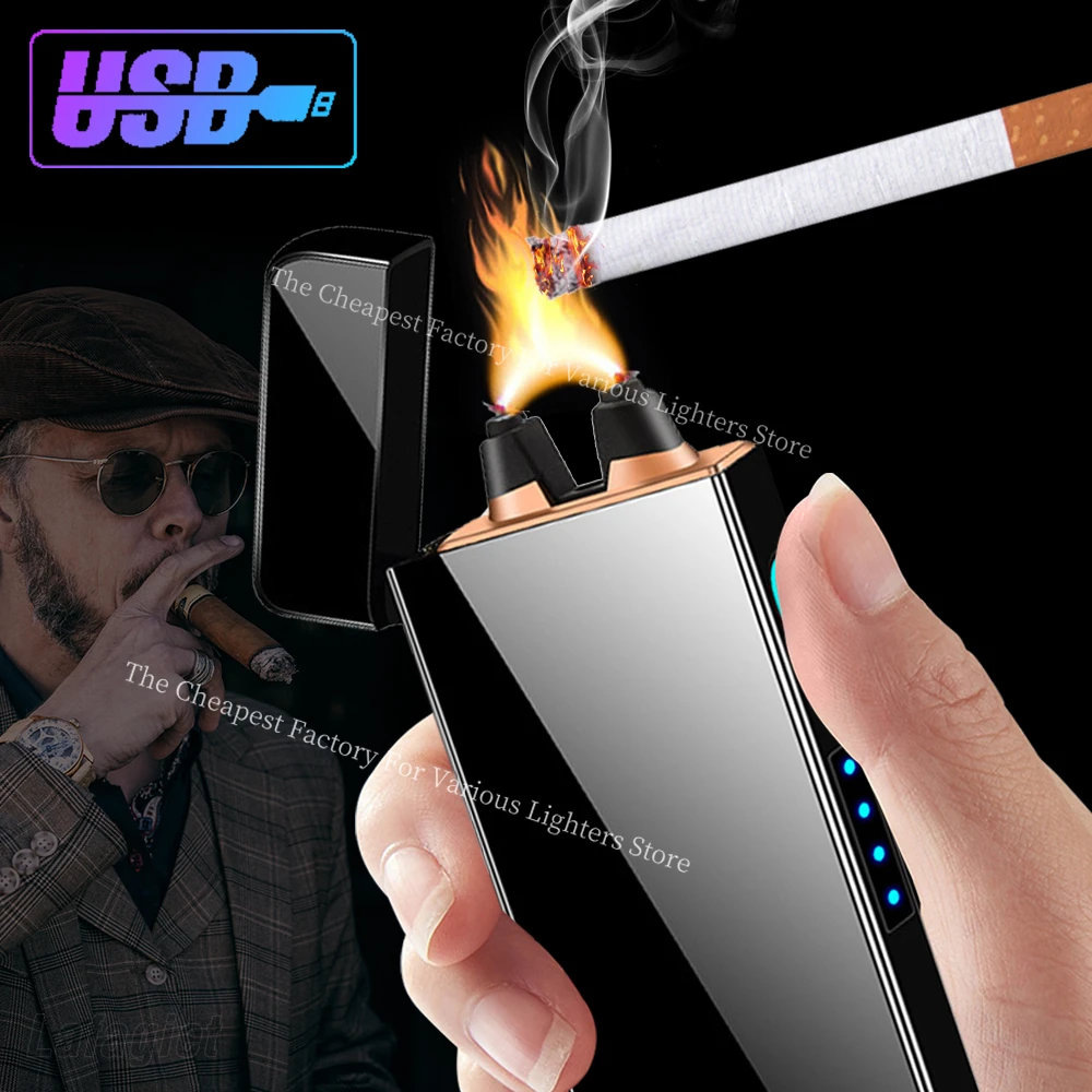 Double Arc Plasma Powerful Flame USB Lighter Big Firepower Windproof Rechargeable Electronic Lighter LED Display Smoking Device