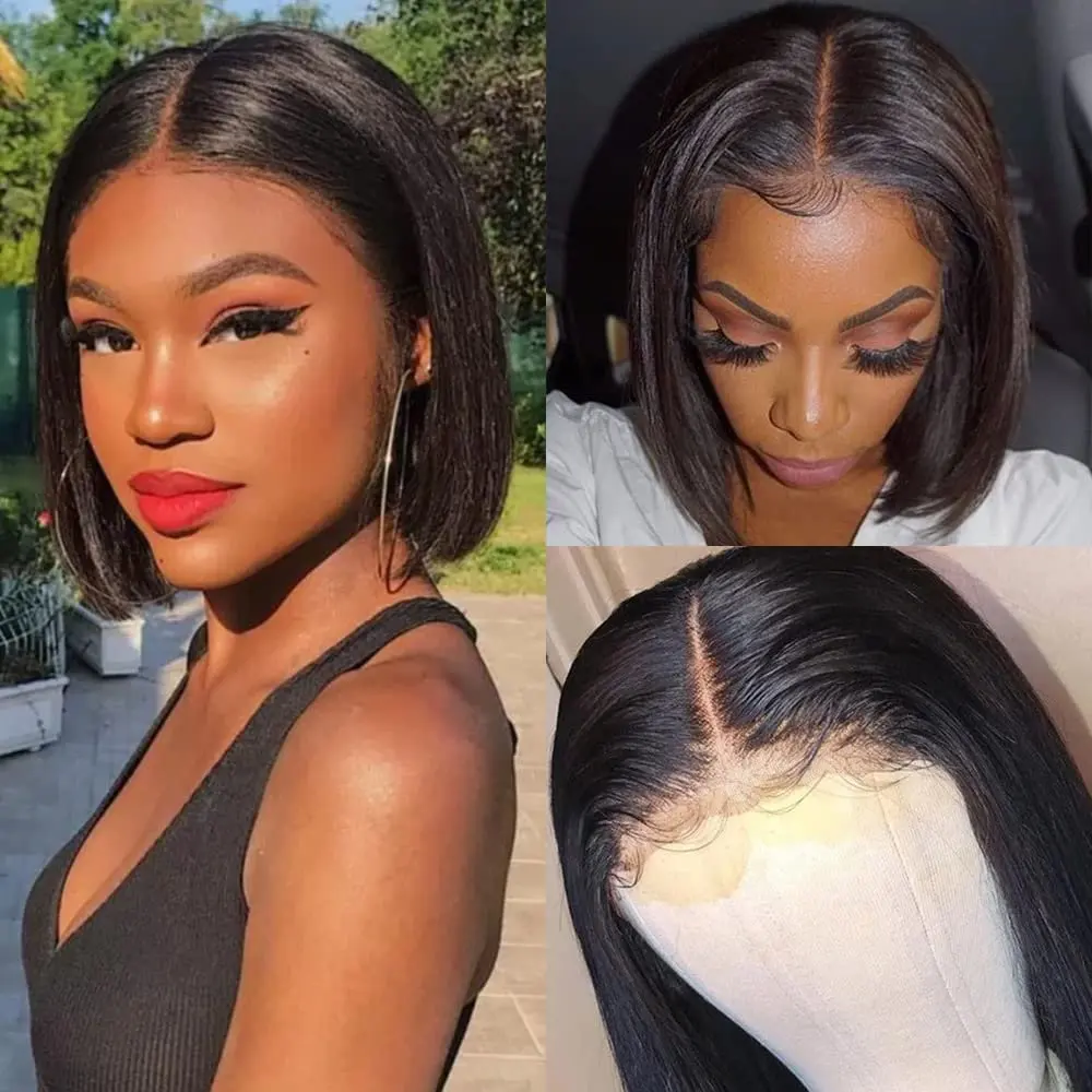 Rosabeauty Short Bob Straight Human Hair Wigs Lace Frontal 4x4 Closure Wig Glueless Brazilian Remy 150%180% Density Nature Color