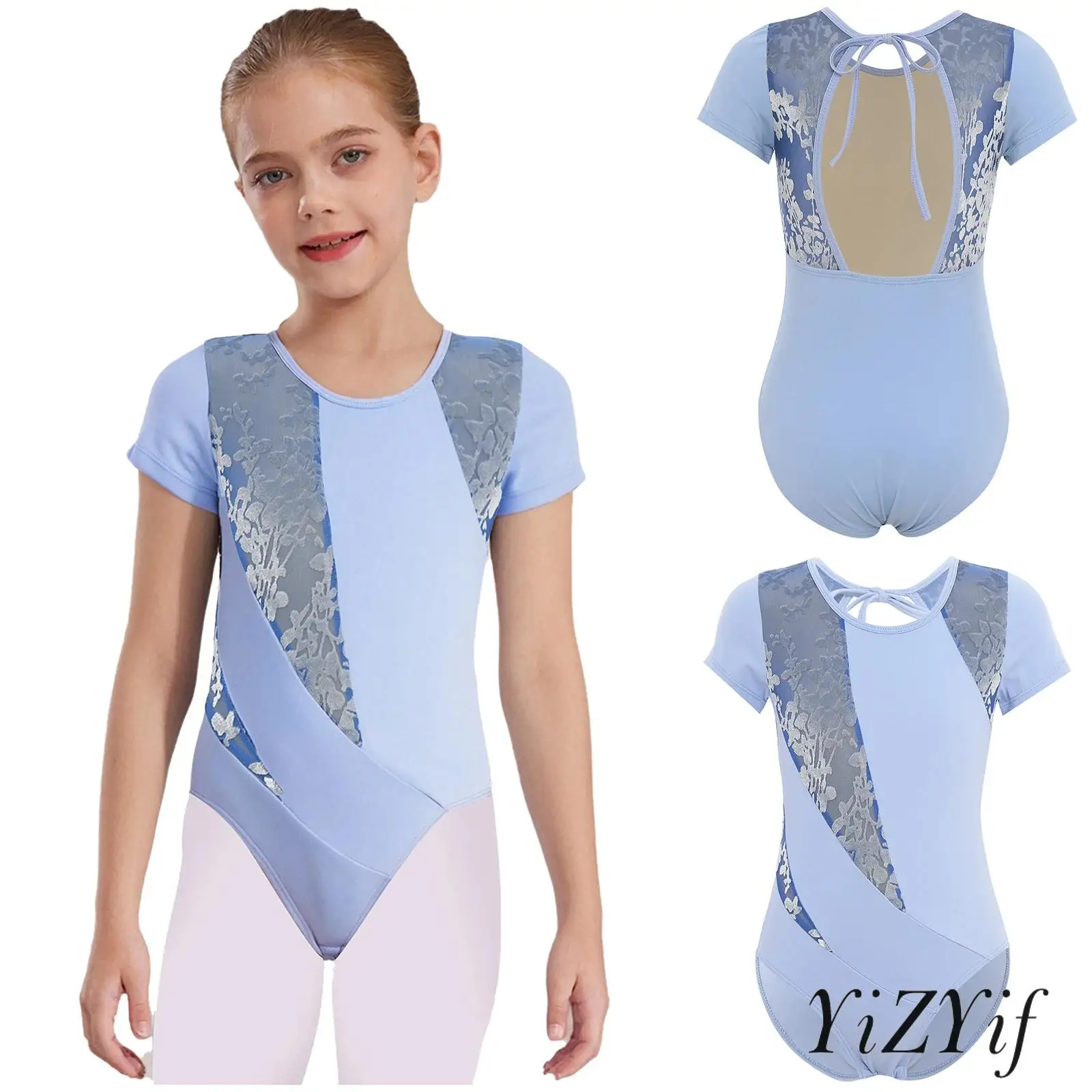 

Girls Spotlight Ballet Performance Costume Velvet Stage Ready Gymnastics Leotard Mesh Cutout Back Short Sleeve Ballet Dancewear